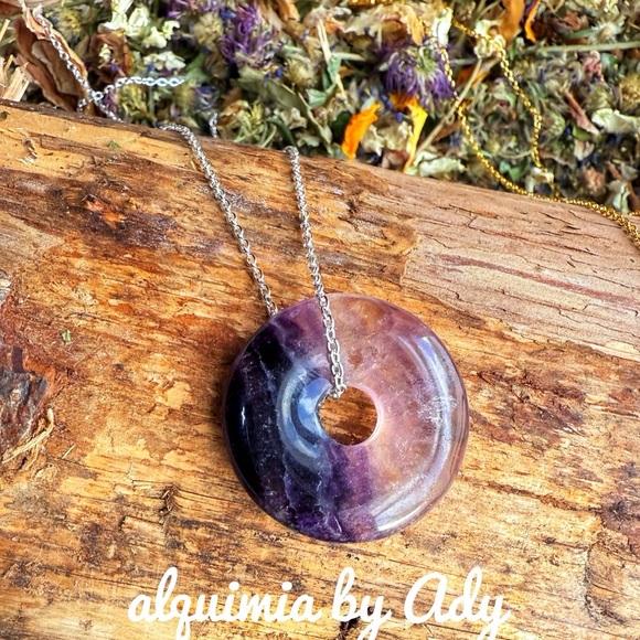 Purple fluorite donut dainty silver 925 delicate chain necklace - Picture 1 of 1